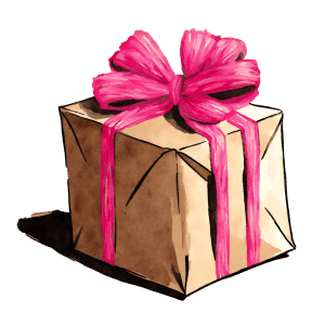 Drawing of a brown paper package tied with hot pink strings
