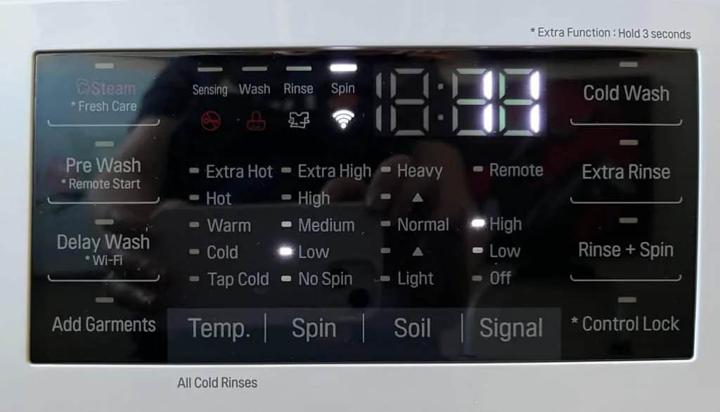 Washing machine panel showing that only the spin cycle will run.