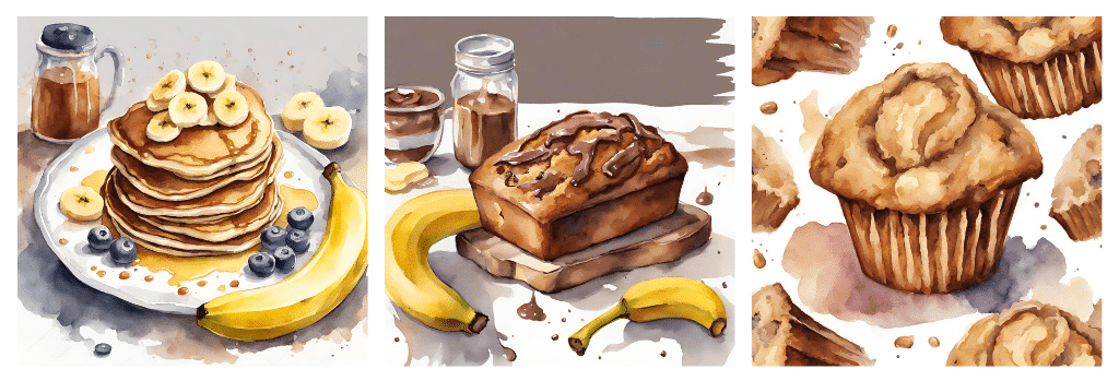 Illustrated banana pancakes, banana bread, and banana muffins