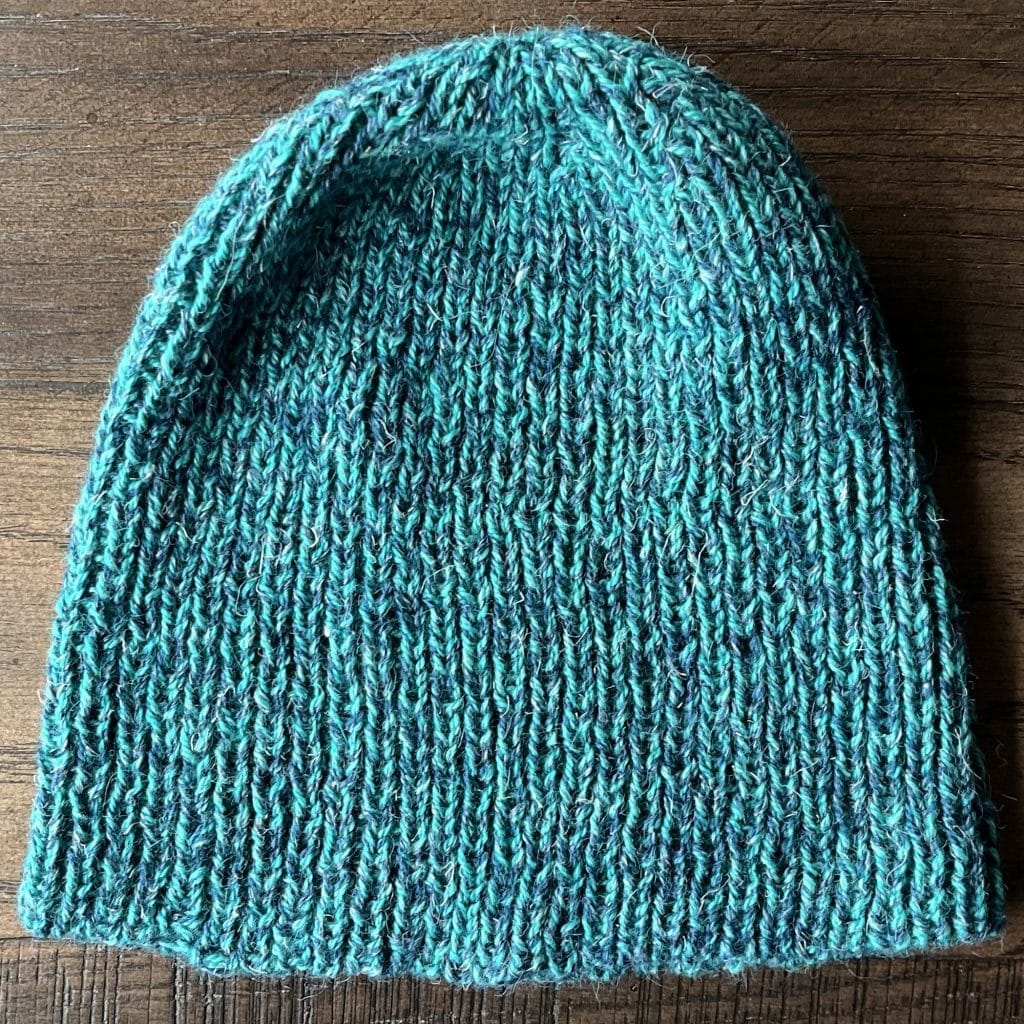 Merrily Marled Beanie Pattern - uncuffed - teal and turquoise marled Linen Quill yarn