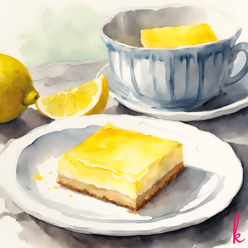 a lemon bar on a plate next to a lemon slice