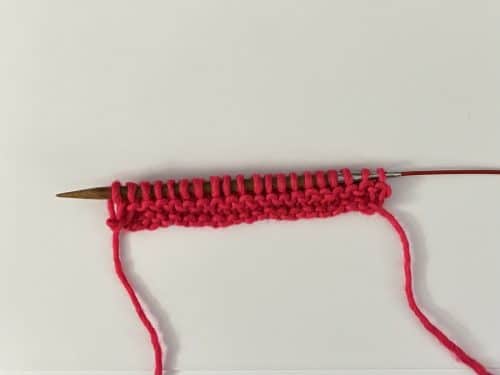 Cast On + 3 rows of garter stitch Yarn: Manos del Uruguay Maxima in Speeding Ticket Needles: ChiaoGoo bamboo size 8 needles on a red cable.