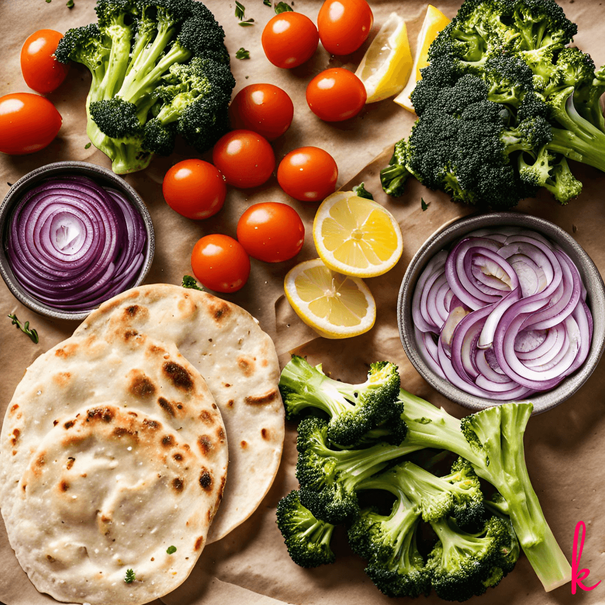 pita bread and veggies on a sheet pan with parchment paper