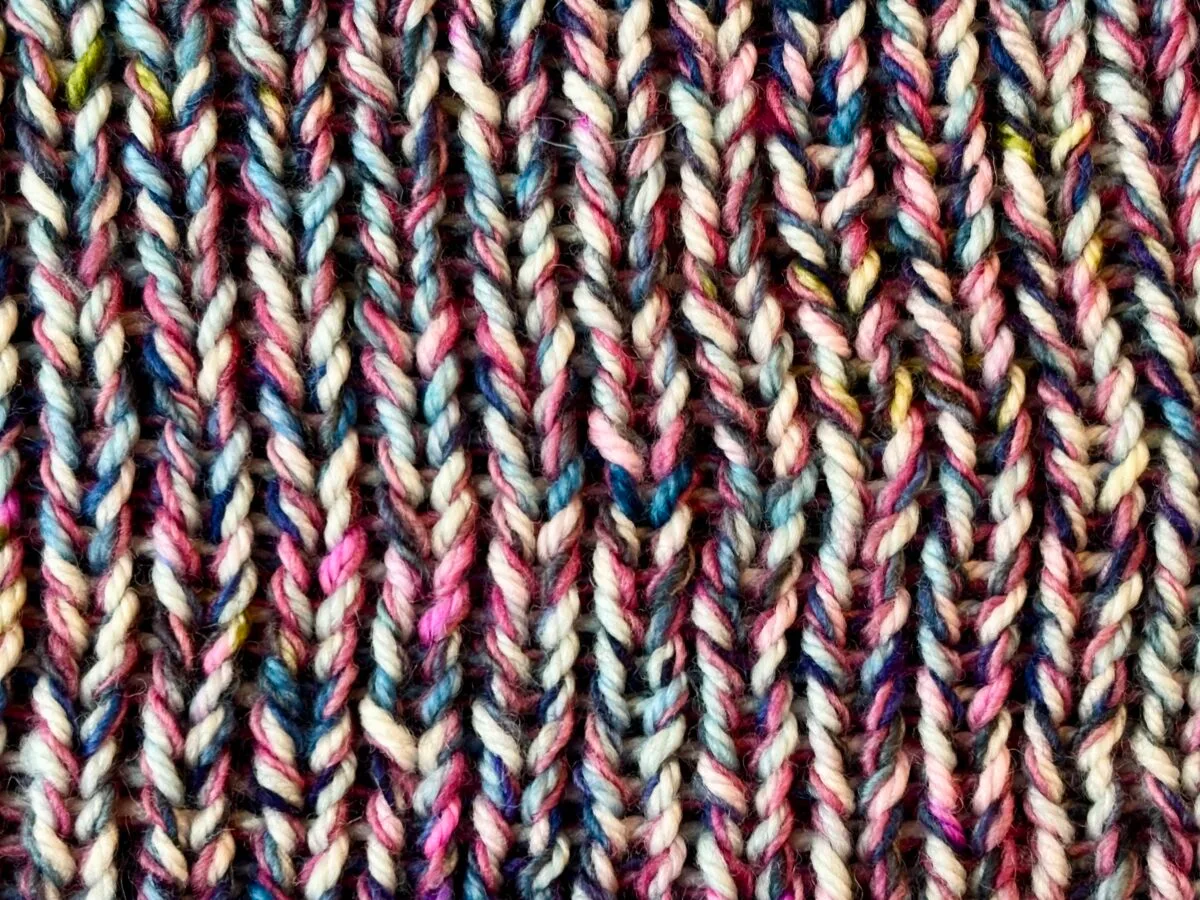 Triple Marled Yarn Dream in Color Smooshy in Below Horizon, Malabrigo Lace in No Me Olvides, and Malabrigo Lace in English Rose