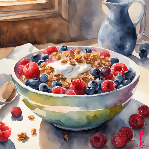 Fruit yogurt and granola bowl watercolor