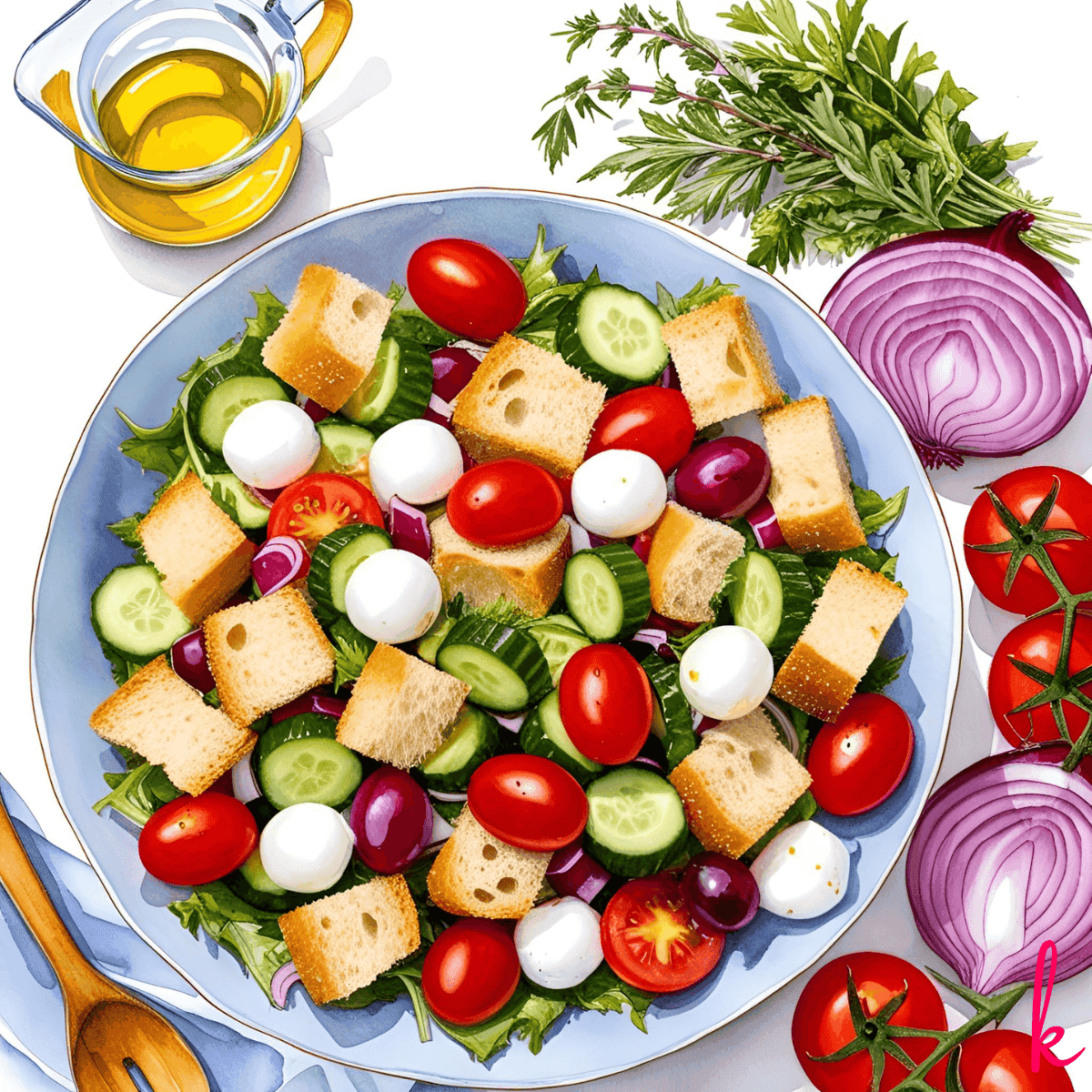 watercolor painting of panzanella salad